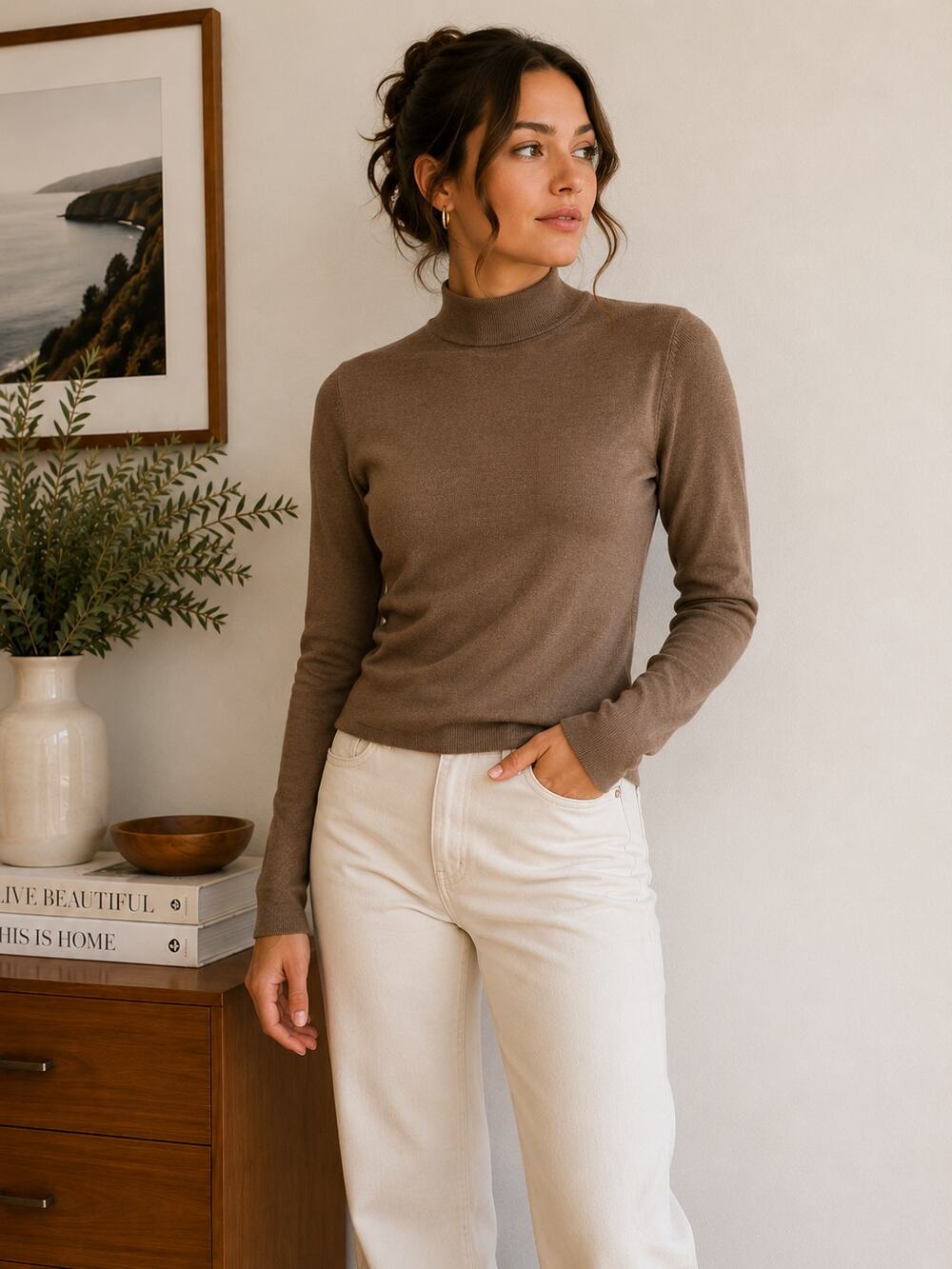 Pendleton Petite Silk Blend Mock Neck Sweater Brown Minimalist M ✨